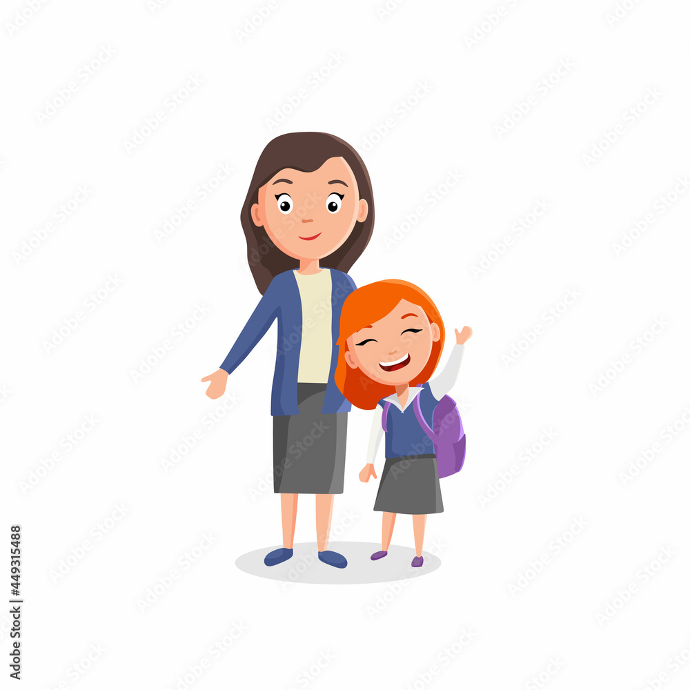 The girl and the teacher are happy to return to school. Vector image in a cartoon flat style
