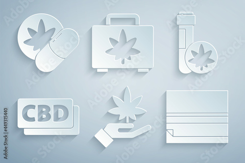 Set Marijuana or cannabis leaf, Chemical test tube with marijuana, Cannabis molecule, Rolling paper, Shopping box of and Herbal ecstasy tablets icon. Vector