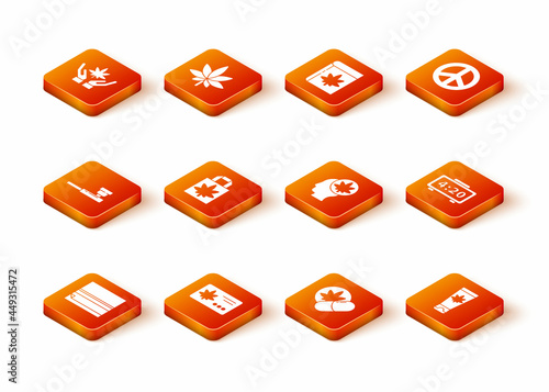 Set Rolling paper, Calendar and marijuana leaf, Smoking pipe, Shopping bag of, Herbal ecstasy tablets, Head with or cannabis, Medical cream and Digital alarm clock icon. Vector