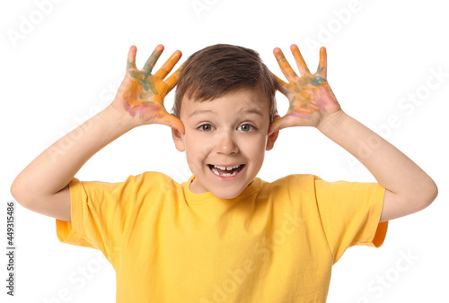 Cute little boy with hands ...