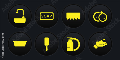 Set Plastic basin, Washing dishes, Adhesive roller, Dishwashing liquid bottle and plate, Sponge with bubbles, Bar of soap, hands and Washbasin water tap icon. Vector