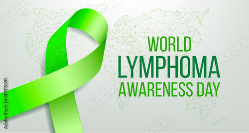 World Lymphoma awareness day concept. Banner with lime ribbon awareness, text and world map. Vector illustration. photo