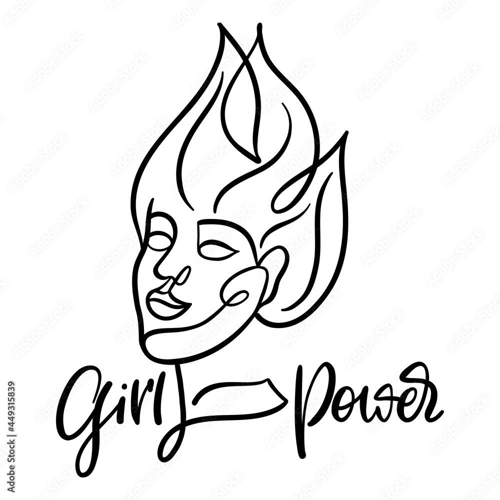Portrait and face of woman in one continuous line with girl power lettering. Portrait and face of woman in one continuous line with girl power lettering.