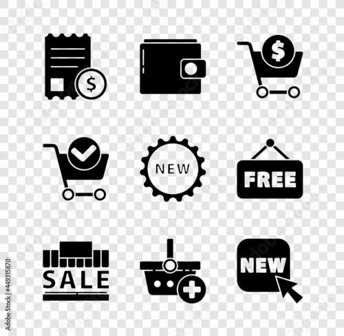 Set Paper check and financial check, Wallet, Shopping cart dollar, building sale, Add to basket, Button with text New, mark and Price tag icon. Vector