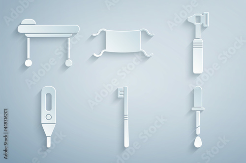 Set Toothbrush, Medical otoscope tool, digital thermometer, Pipette, protective mask and Stretcher icon. Vector