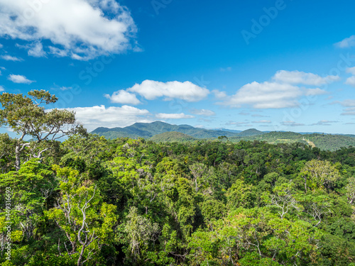 View Across Tropical Rainforest to Distant Hills with Clouds Overhead