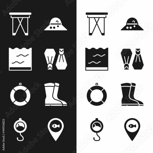 Set Rubber flippers for swimming, Aquarium, Folding chair, Fisherman hat, Lifebuoy, Fishing boots, Location fishing and Spring scale icon. Vector
