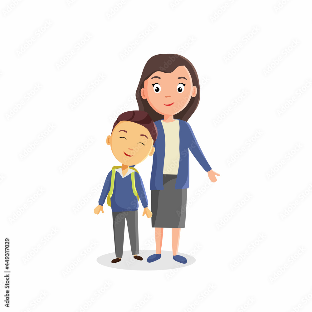 The boy and the teacher are happy to return to school. Vector image in a cartoon flat style. The boy and the teacher are happy to return to school. Vector image in a cartoon flat style.