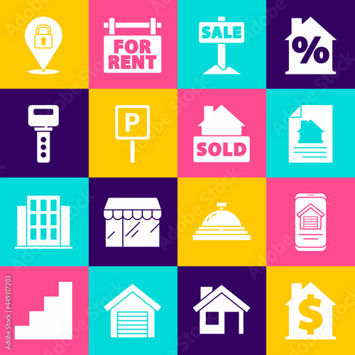 Set House with dollar symbol, Online real estate house, contract, Hanging sign Sale, Parking, key, Location lock and text Sold icon. Vector