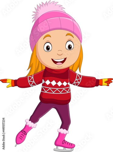Cute little girl wearing winter clothes ice skating