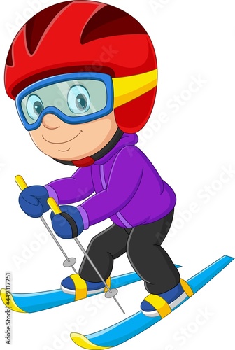 Cartoon little boy skiing downhill