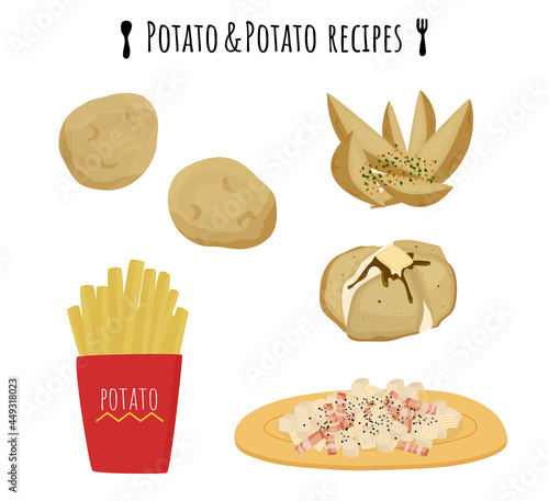 じゃがいもを使った色々な料理のベクターイラストセット