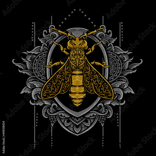 bee tribal vector illustration with engraving style