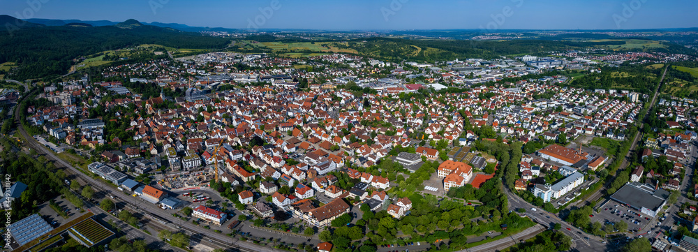 Aerial view of the city Metzingen in Germany on a sunny  Spring day