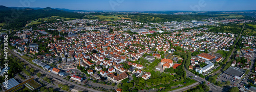 Aerial view of the city Metzingen in Germany on a sunny Spring day
