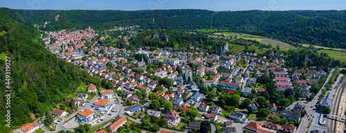 Aerial view of the city Blaubeuren in Germany on a sunny spring afternoon.