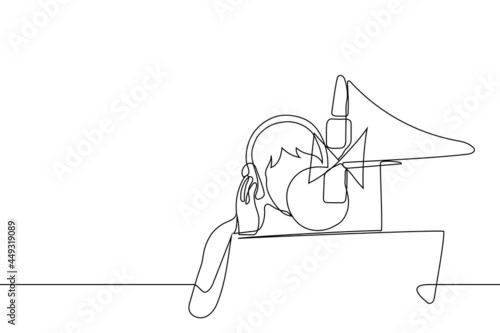 man is standing with headphones in a recording studio during the recording process - one line drawing. male singer records the track, announcer reads the text, dubbing actor in progress photo