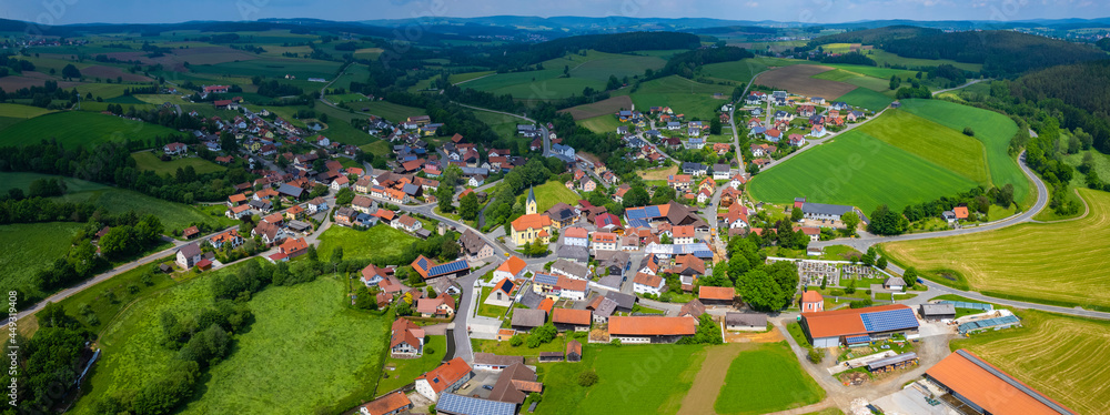 Aerial view of the village Niedermurach Germany, Bavaria on a cloudy day in Spring