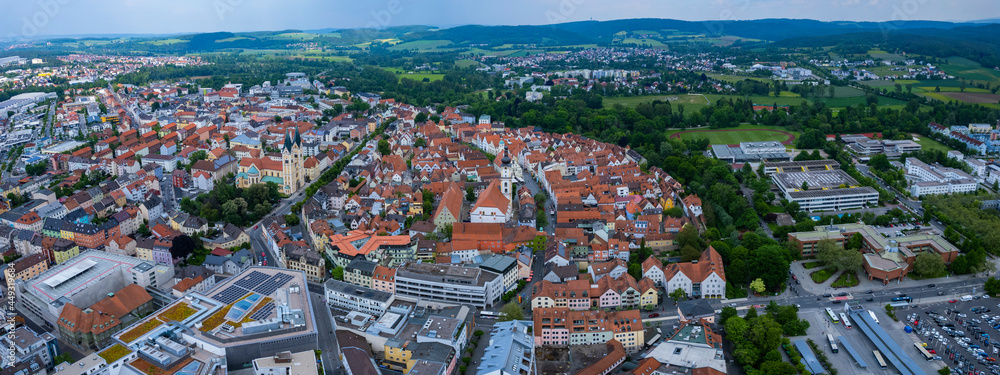 Aerial view of the city Weiden in Germany, on a sunny day in Spring