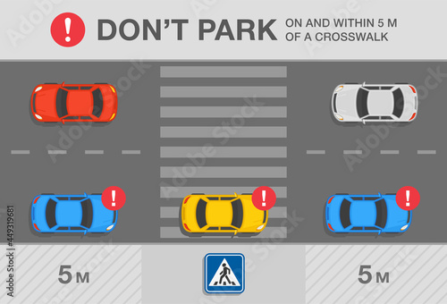 Parked cars. Traffic or road rule. Do not park your car on and within five meters of a crosswalk warning design. Flat vector illustration template.