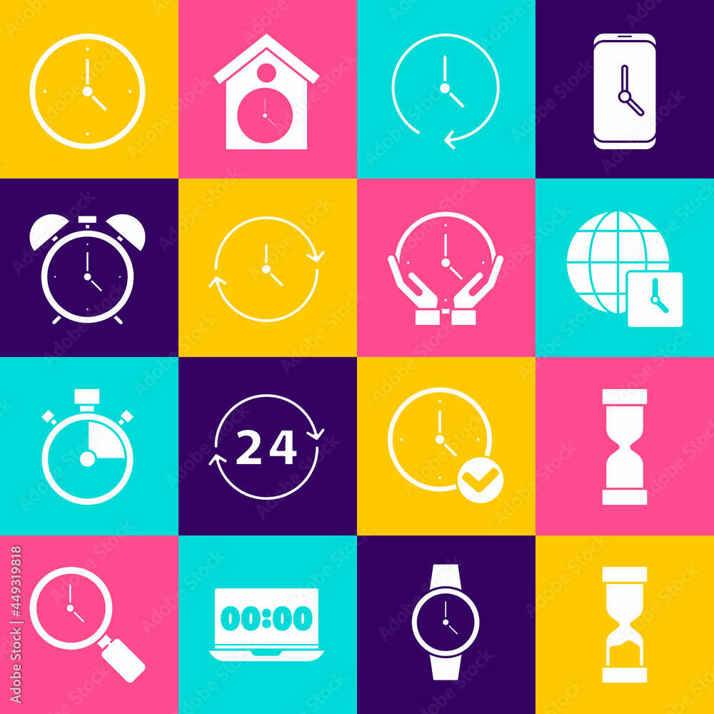 Set Old hourglass, World time, Clock, Alarm clock, and icon. Vector Set Old hourglass, World time, Clock, Alarm clock, and icon. Vector