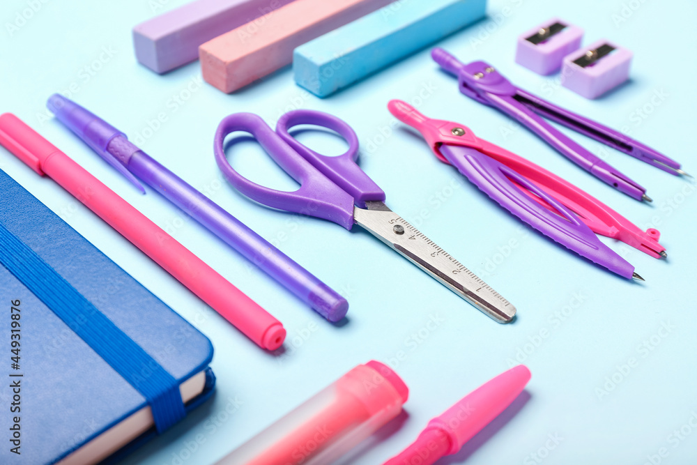 School supplies on color background School supplies on color background