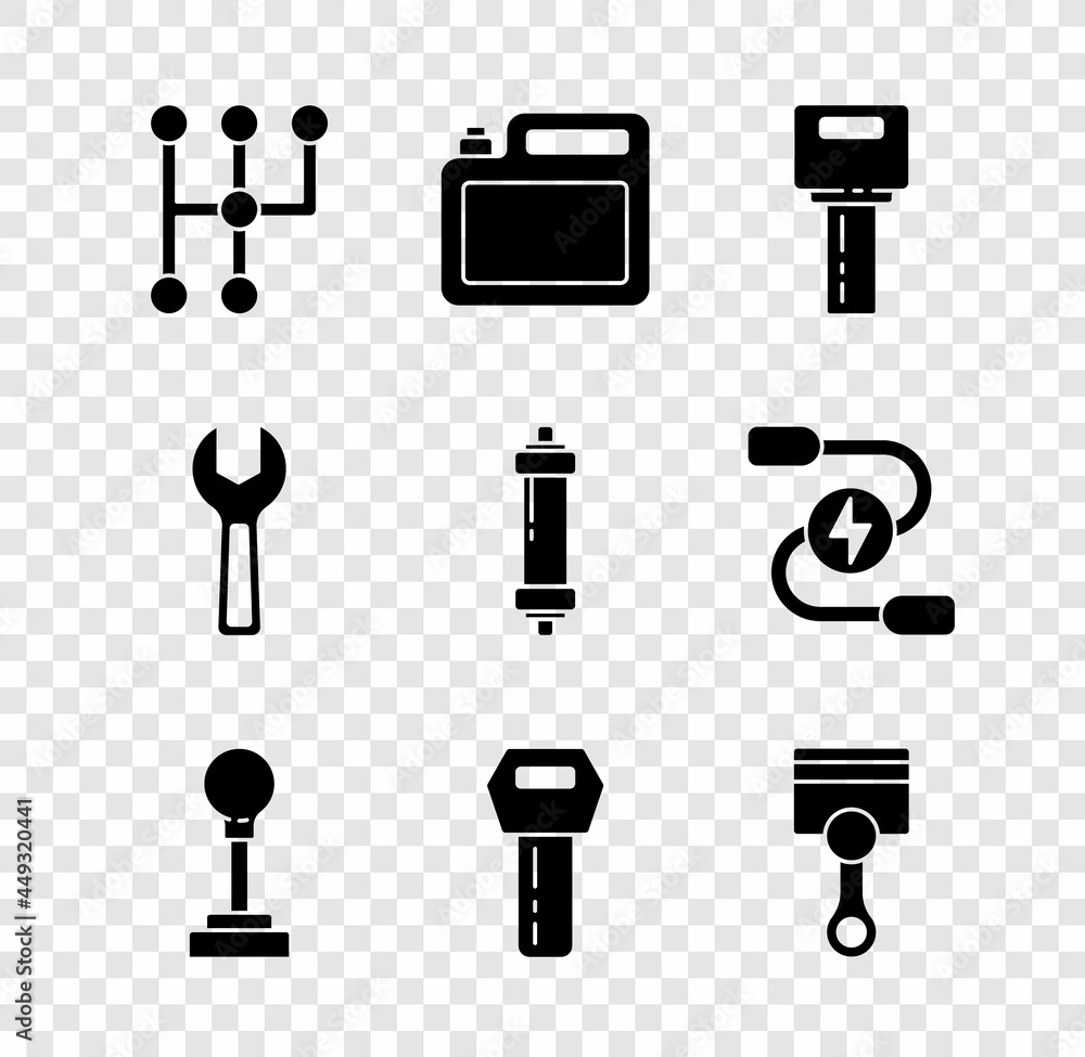 Set Gear shifter, Canister for motor oil, Car key with remote, Engine piston, Wrench spanner and Shock absorber icon. Vector Set Gear shifter, Canister for motor oil, Car key with remote, Engine piston, Wrench spanner and Shock absorber icon. Vector