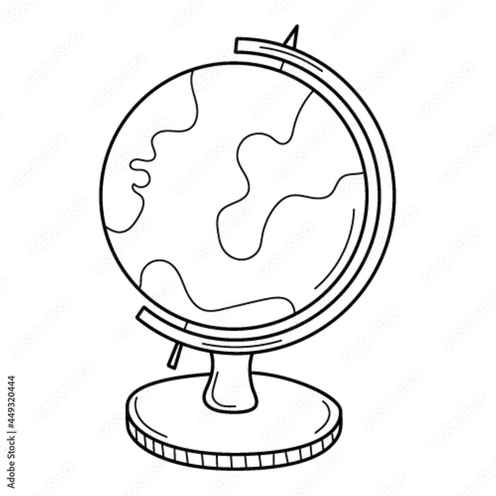 A globe a stand. School item. Doodle. Globus. Hand-drawn black and white vector illustration. The design elements are isolated on a white background. Stock-vektor | Adobe Stock