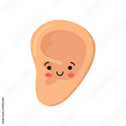 Human ear kawaii character. The ear is like a sense organ. Part of the face. Healthy organ of hearing. Vector illustration isolated on white background in hand drawn style.