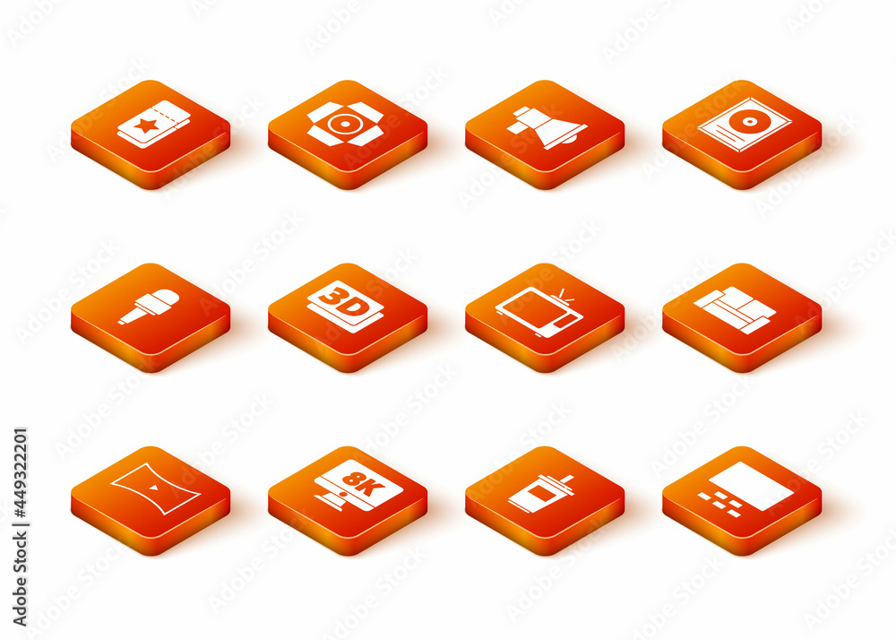 Set Online play video, Monitor with 8k, Microphone, 3D word, Paper glass water, Retro tv, Cinema auditorium seats and chair icon. Vector