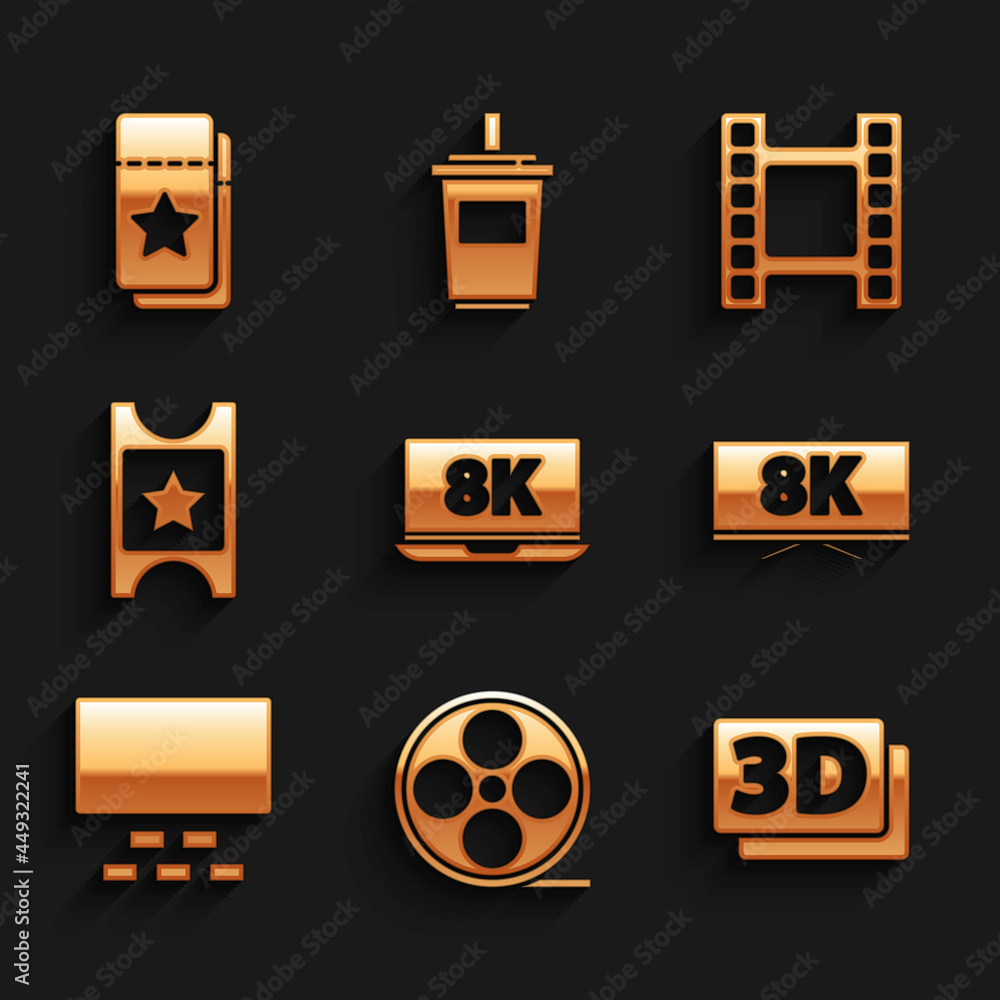 Set Laptop with 8k, Film reel, 3D word, Screen tv, Cinema auditorium seats, ticket, Play Video and icon. Vector Set Laptop with 8k, Film reel, 3D word, Screen tv, Cinema auditorium seats, ticket, Play Video and icon. Vector