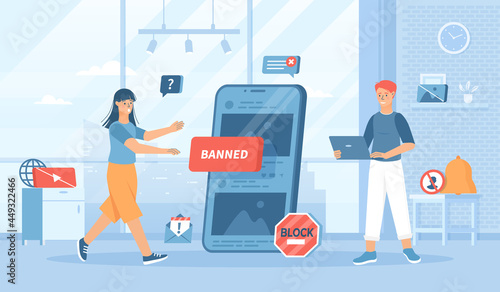 Blocking, banned user account on social media. Error, Access is denied. Account safety and secure. Flat cartoon vector illustration with people characters for banner, website design, landing web page