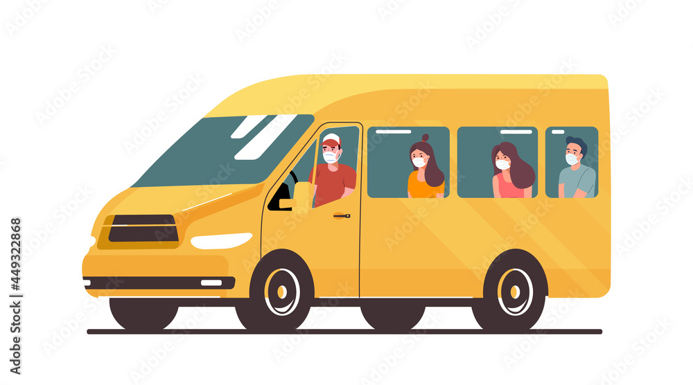 Van car with passengers in a medical mask isolated. Vector illustration.