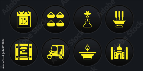 Set India constitution day, Incense sticks, Taxi tuk tuk, Aroma lamp, Hookah, Indian spice, Taj Mahal and Independence icon. Vector