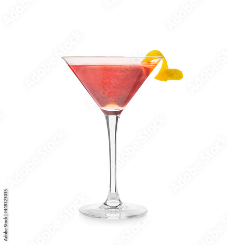 Glass of tasty cosmopolitan cocktail on white background photo