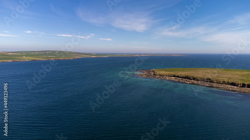 An aerial view of the coast of Orkney in Scotland, UK
