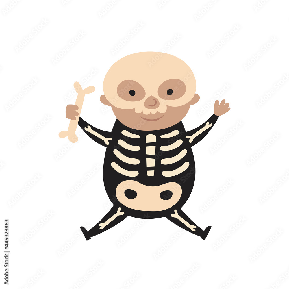 Boy child in Halloween costume of skeleton. Day of dead holiday decor. Isolated on white background Boy child in Halloween costume of skeleton. Day of dead holiday decor. Isolated on white background