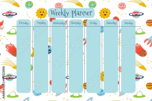 Weekly planner for kids with planets, space elements, rocket, meteorite, constellation in cartoon childish style. Colorful vector illustration for stationary, schedule, list, school timetable