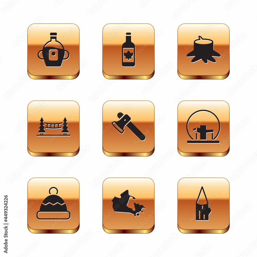 Set Maple syrup, Beanie hat, Canada map, Wooden axe, Capilano Suspension Bridge, Tree stump, log and Beer bottle icon. Vector Set Maple syrup, Beanie hat, Canada map, Wooden axe, Capilano Suspension Bridge, Tree stump, log and Beer bottle icon. Vector