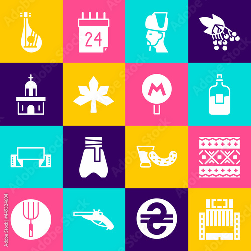 Set Hotel Ukraina building, Ukrainian ethnic pattern, Bottle of vodka, cossack, Chestnut leaf, Church, Bandura and Metro or Underground icon. Vector
