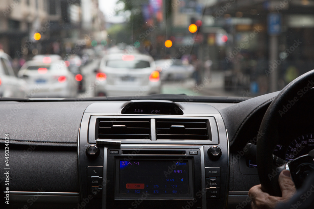 View from inside a taxi looking out at sydney traffic