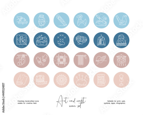 Set of hand drawn line art vector illustrations of art and crafting. Vector line icons set for social media story highlight.