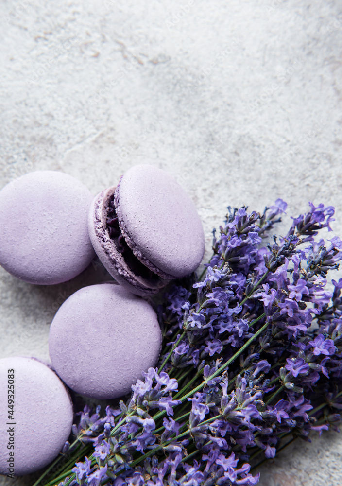 French macarons with lavender flavor and fresh lavender flowers French macarons with lavender flavor and fresh lavender flowers