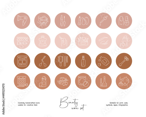 Set of hand drawn line beauty art vector illustrations. Vector line icons set for social media story highlight.