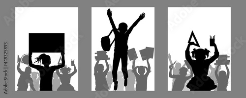 Set of vertical posters with silhouettes of happy school children. Back to school. Vector illustration