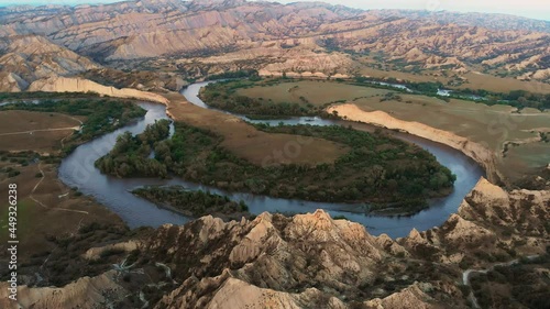 Aerial view Mijniskure landscape with Alazani river bordering Azerbaijan and Georgia. photo