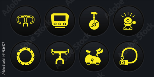 Set Bicycle wheel tire, bell, handlebar, Stationary bicycle, Unicycle or one, speedometer, lock and icon. Vector