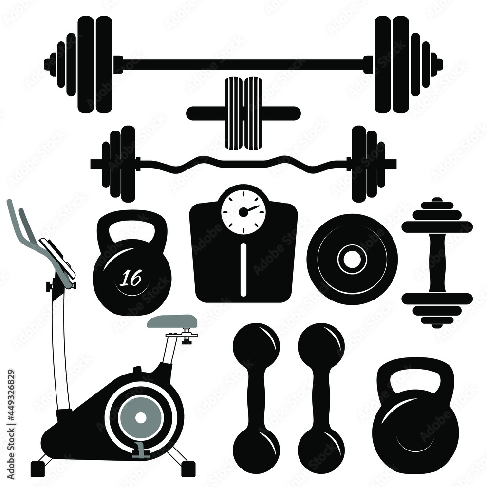 Dumbbells sign icons. Fitness sport symbols. Gym workout equipment. Barbell Icon. Flat black icons on white. Set of icons with sports equipment for the gym, vector illustration. Dumbbells sign icons. Fitness sport symbols. Gym workout equipment. Barbell Icon. Flat black icons on white. Set of icons with sports equipment for the gym, vector illustration.