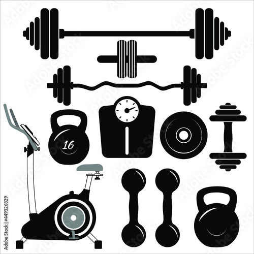 Dumbbells sign icons. Fitness sport symbols. Gym workout equipment. Barbell Icon. Flat black icons on white. Set of icons with sports equipment for the gym, vector illustration.