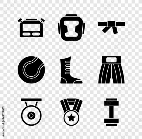 Set Stopwatch, Boxing helmet, Black karate belt, Gong, Medal, Dumbbell, Tennis ball and Sport boxing shoes icon. Vector